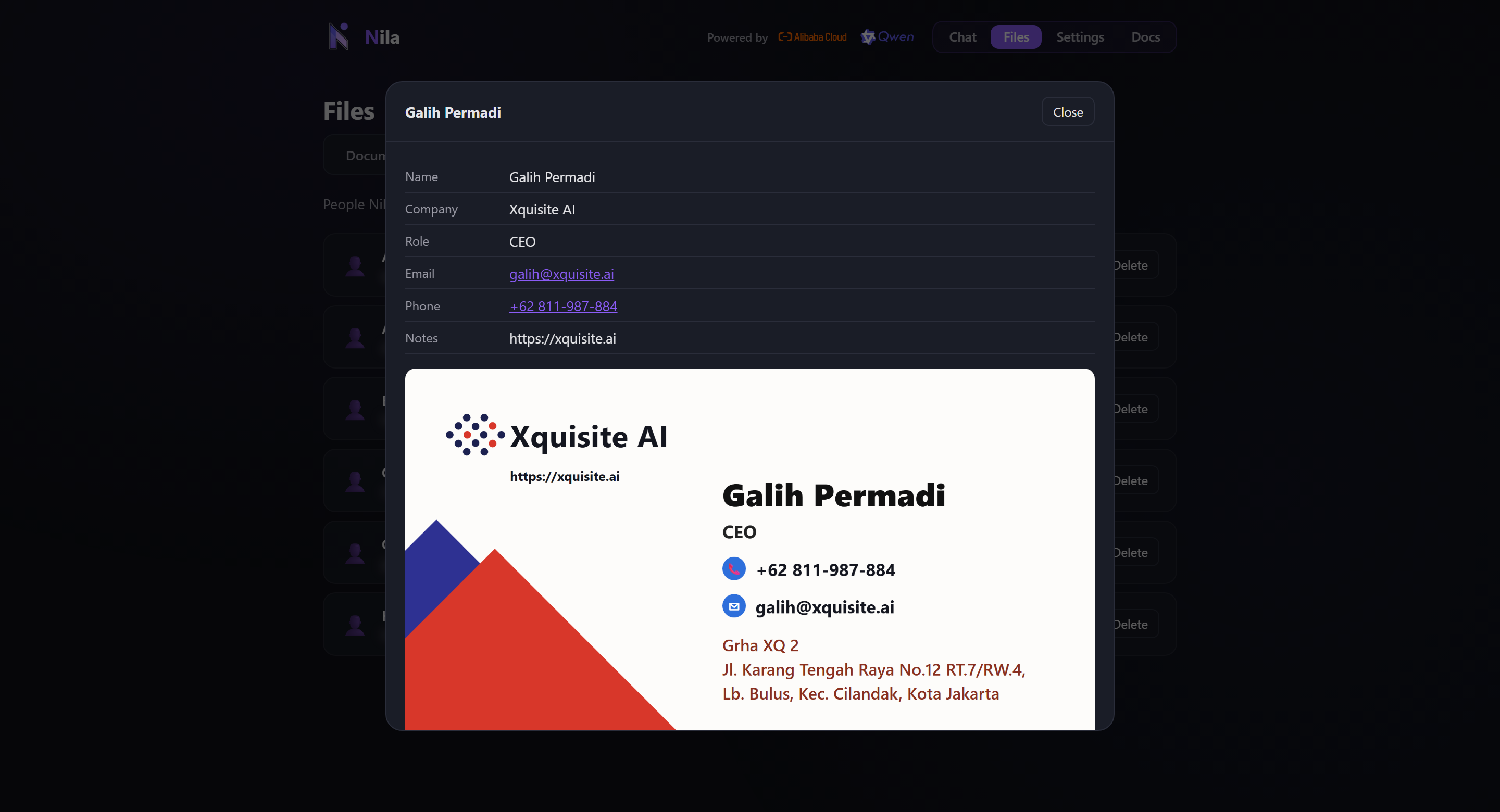 A contact's detail view: name, company, role, email, phone and the original business-card photo