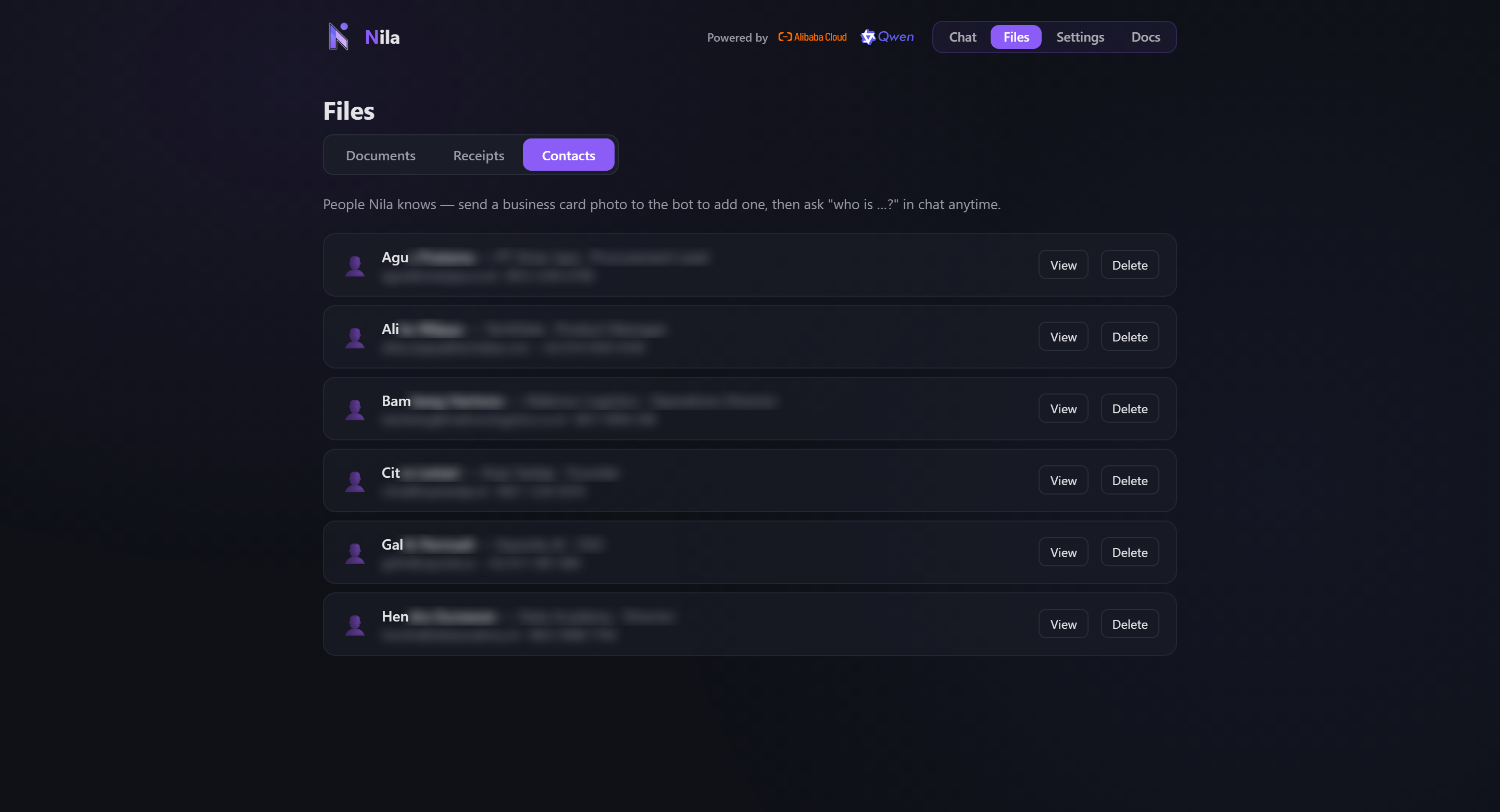 The Contacts tab listing people Nila knows, with names and details blurred for privacy